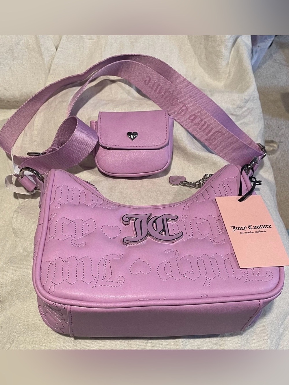 Juicy Couture Quilted Pink League HOBO Crossbody Bag With Matching Pouch Liliac